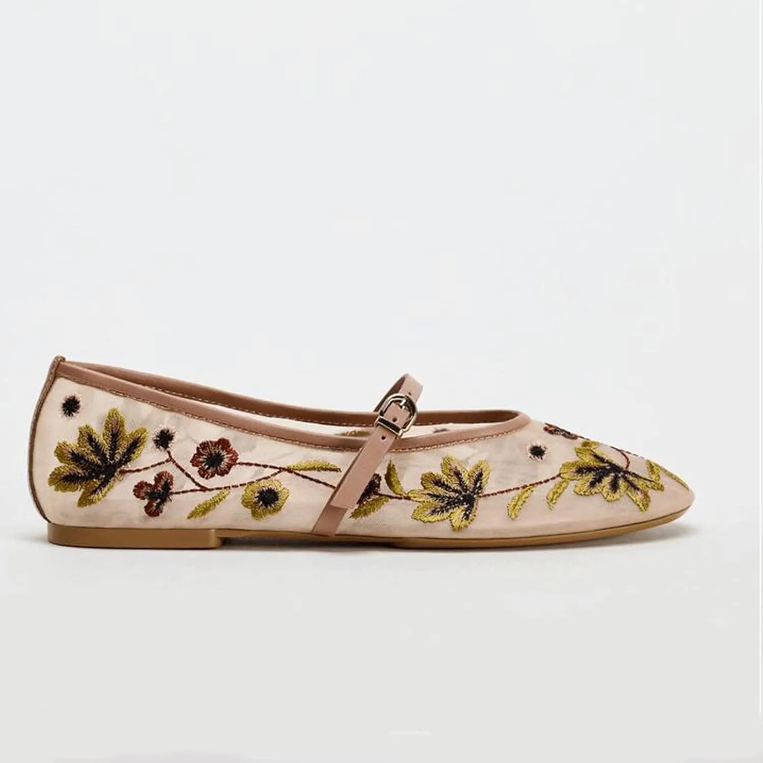 Mary Jane Flats for Woman Mesh Ballet Flats Classic Embroidered Round Toe Floral Comfortable Mary Jane Flats Casual Daily Dress Ballerina Shoes