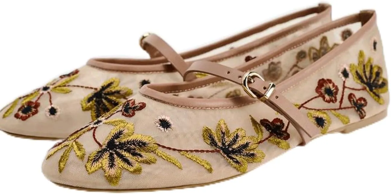 Mary Jane Flats for Woman Mesh Ballet Flats Classic Embroidered Round Toe Floral Comfortable Mary Jane Flats Casual Daily Dress Ballerina Shoes