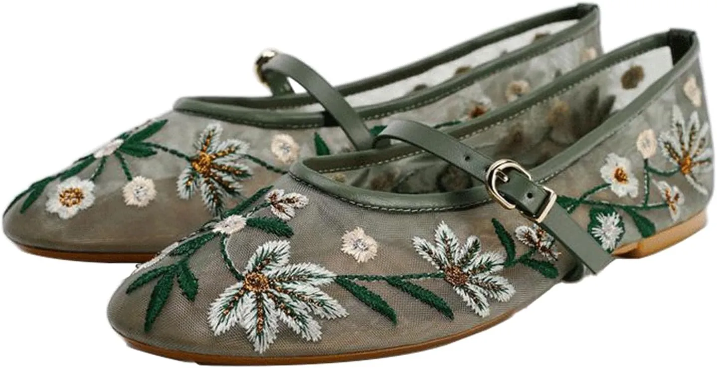 MAVMAX Nude Mesh Ballet Flats for Women Tulle Floral Embroidered Mary Jane Ballerina Round Toe Comfortable Daily Dress Ballet Flats Shoes with Strap