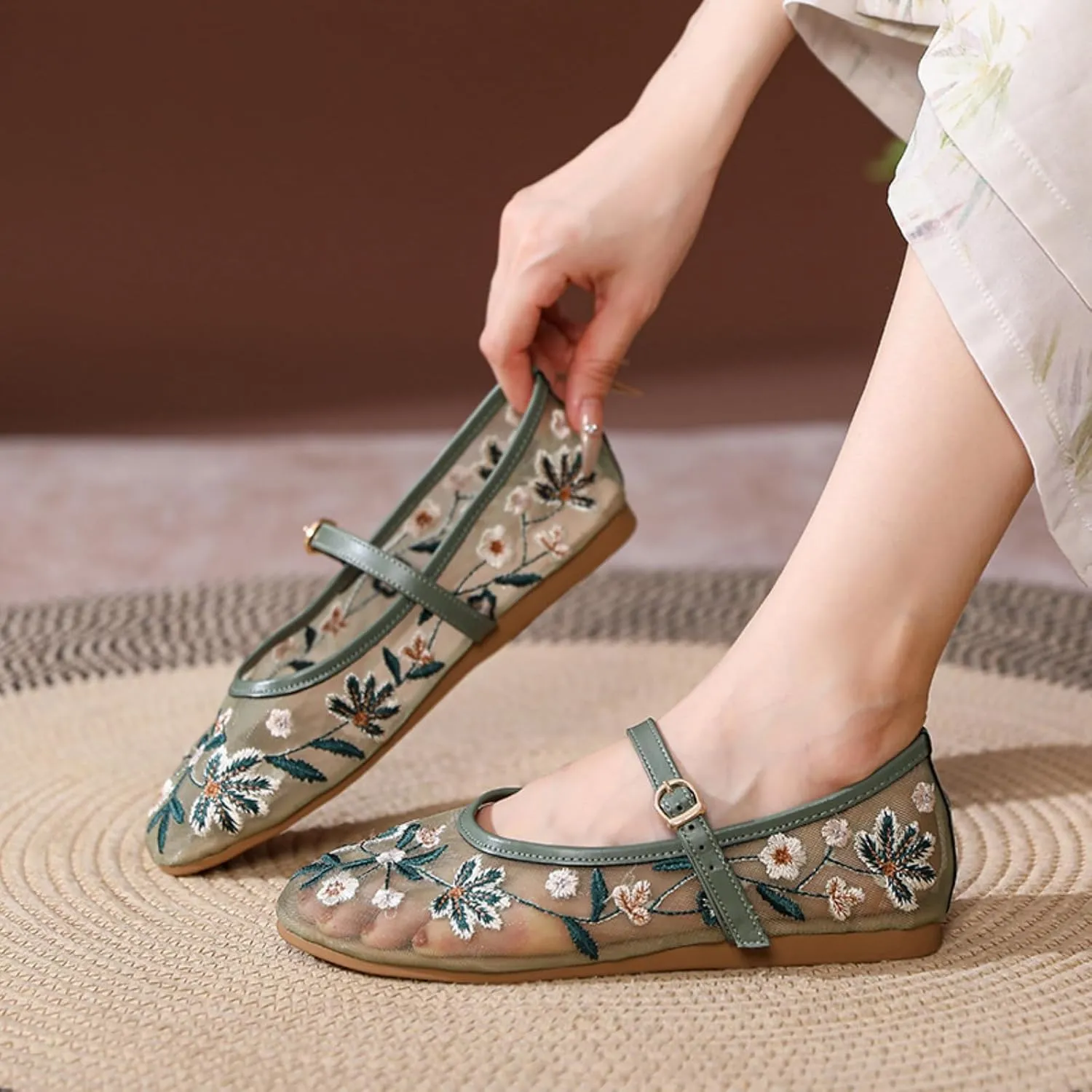 MAVMAX Nude Mesh Ballet Flats for Women Tulle Floral Embroidered Mary Jane Ballerina Round Toe Comfortable Daily Dress Ballet Flats Shoes with Strap