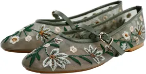 MAVMAX Nude Mesh Ballet Flats for Women Tulle Floral Embroidered Mary Jane Ballerina Round Toe Comfortable Daily Dress Ballet Flats Shoes with Strap
