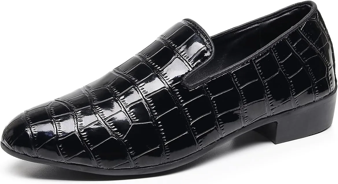 Men Slip-On Loafers Black Croc-Embossed Leather Loafers with Almond Toemen