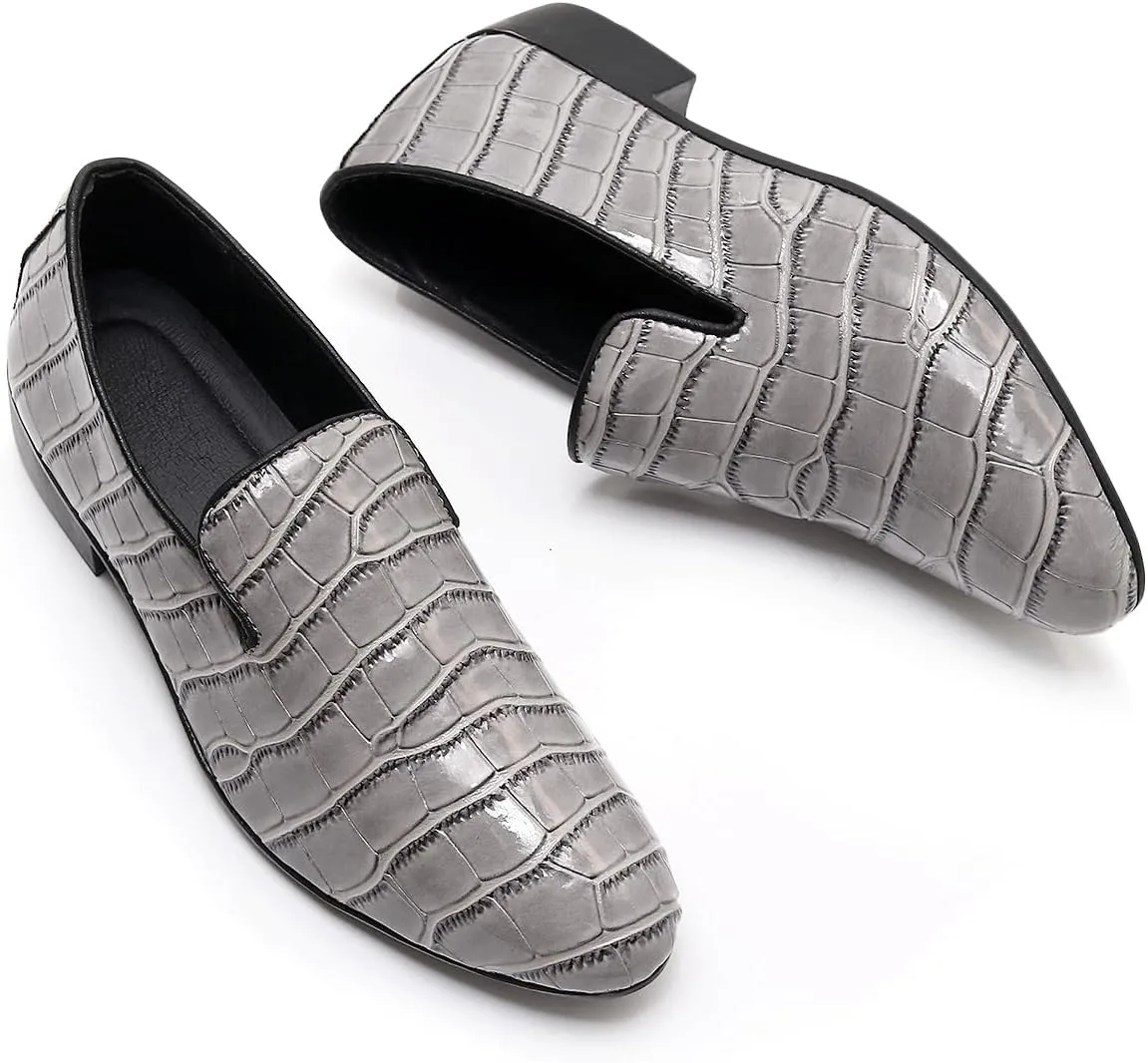 Men Slip-On Loafers Black Croc-Embossed Leather Loafers with Almond Toemen