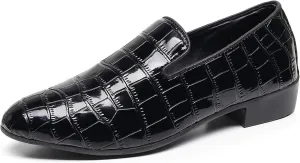 Men Slip-On Loafers Black Croc-Embossed Leather Loafers with Almond Toemen
