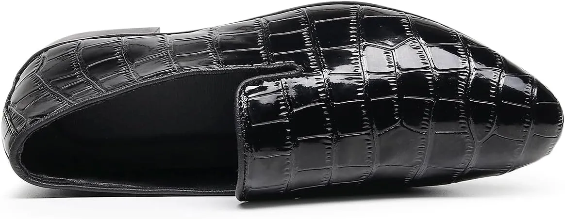 Men Slip-On Loafers Black Croc-Embossed Leather Loafers with Almond Toemen