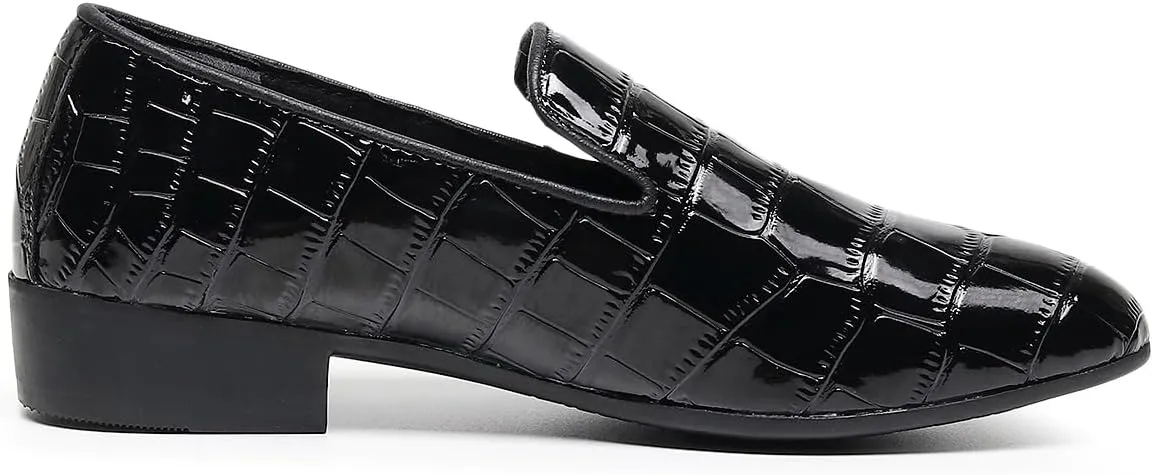 Men Slip-On Loafers Black Croc-Embossed Leather Loafers with Almond Toemen