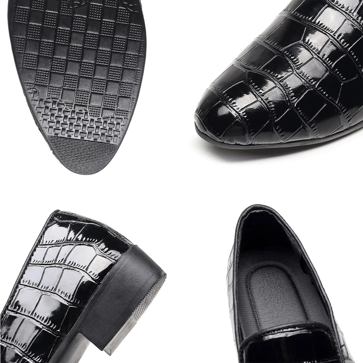 Men Slip-On Loafers Black Croc-Embossed Leather Loafers with Almond Toemen