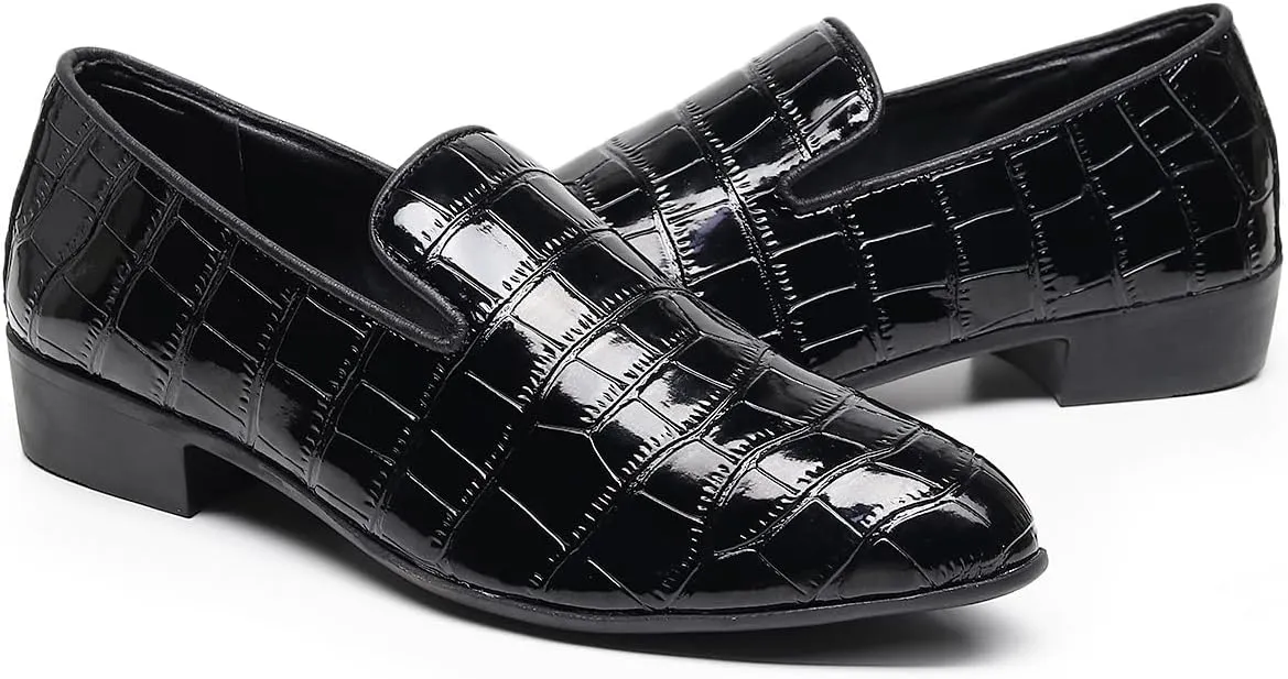 Men Slip-On Loafers Black Croc-Embossed Leather Loafers with Almond Toemen