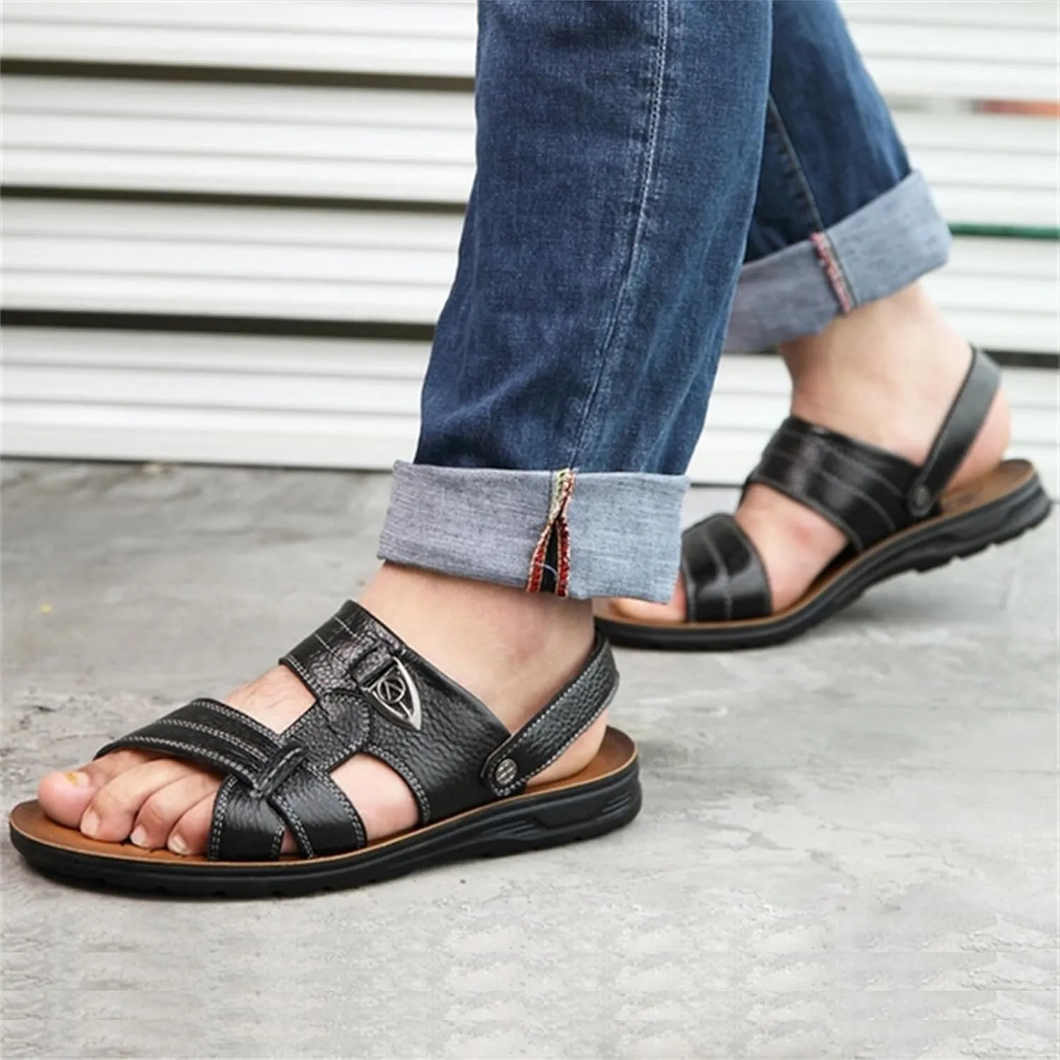 Men's Big Size Leather Flat Sandbeach Sandals Casual Slipper Shoes