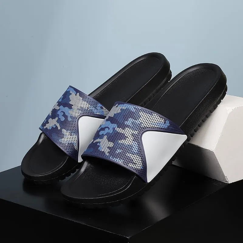 Men's Camouflage Slide Sandals, Flat Comfort Footbed, Indoor Outdoor Beach Slippers, Big Sizes