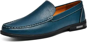 Mens Casual Leather Loafers, Slip-On Dress Boat Shoes, Blue, Black, White, Gray