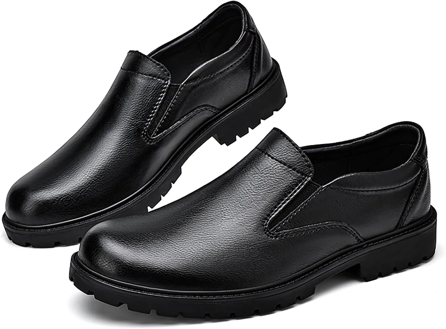 Men's Genuine Leather Slip On Dress Loafers Round Toe Cowhide Comfort Non-Slip Work Formal Shoes Handmade Stitching Casual Walking Shoes for Men