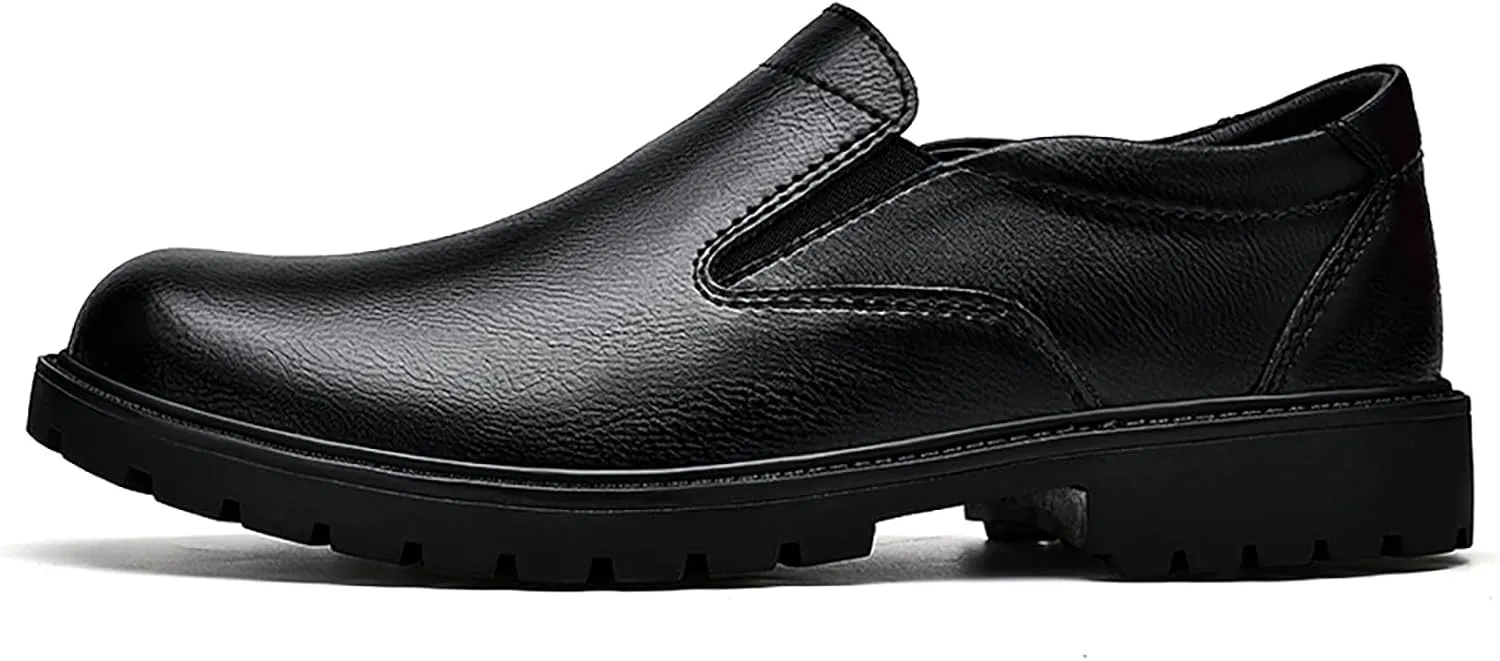 Men's Genuine Leather Slip On Dress Loafers Round Toe Cowhide Comfort Non-Slip Work Formal Shoes Handmade Stitching Casual Walking Shoes for Men