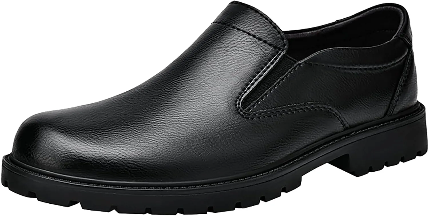 Men's Genuine Leather Slip On Dress Loafers Round Toe Cowhide Comfort Non-Slip Work Formal Shoes Handmade Stitching Casual Walking Shoes for Men