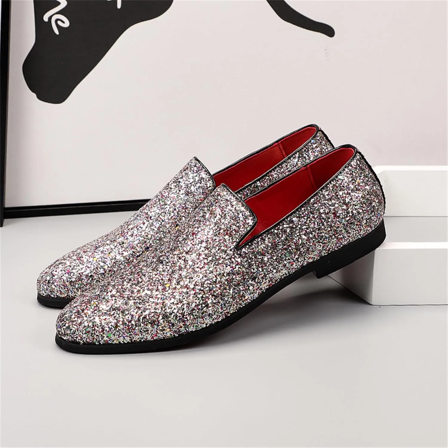 Mens Glitter Rhinestone Slip-On Tuxedo Loafers Classic Wingtip Dress Party Wedding Sparkly Penny Smoking Slippers