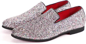 Mens Glitter Rhinestone Slip-On Tuxedo Loafers Classic Wingtip Dress Party Wedding Sparkly Penny Smoking Slippers