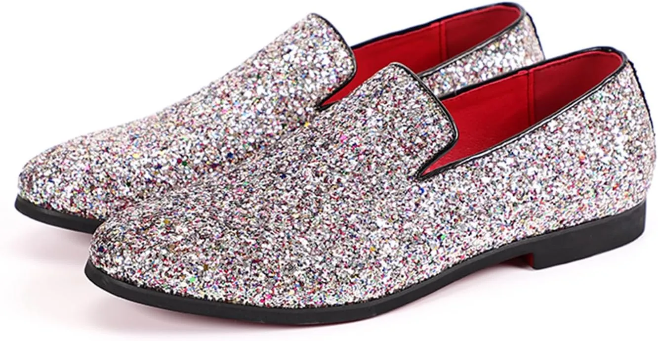 Mens Glitter Rhinestone Slip-On Tuxedo Loafers Classic Wingtip Dress Party Wedding Sparkly Penny Smoking Slippers