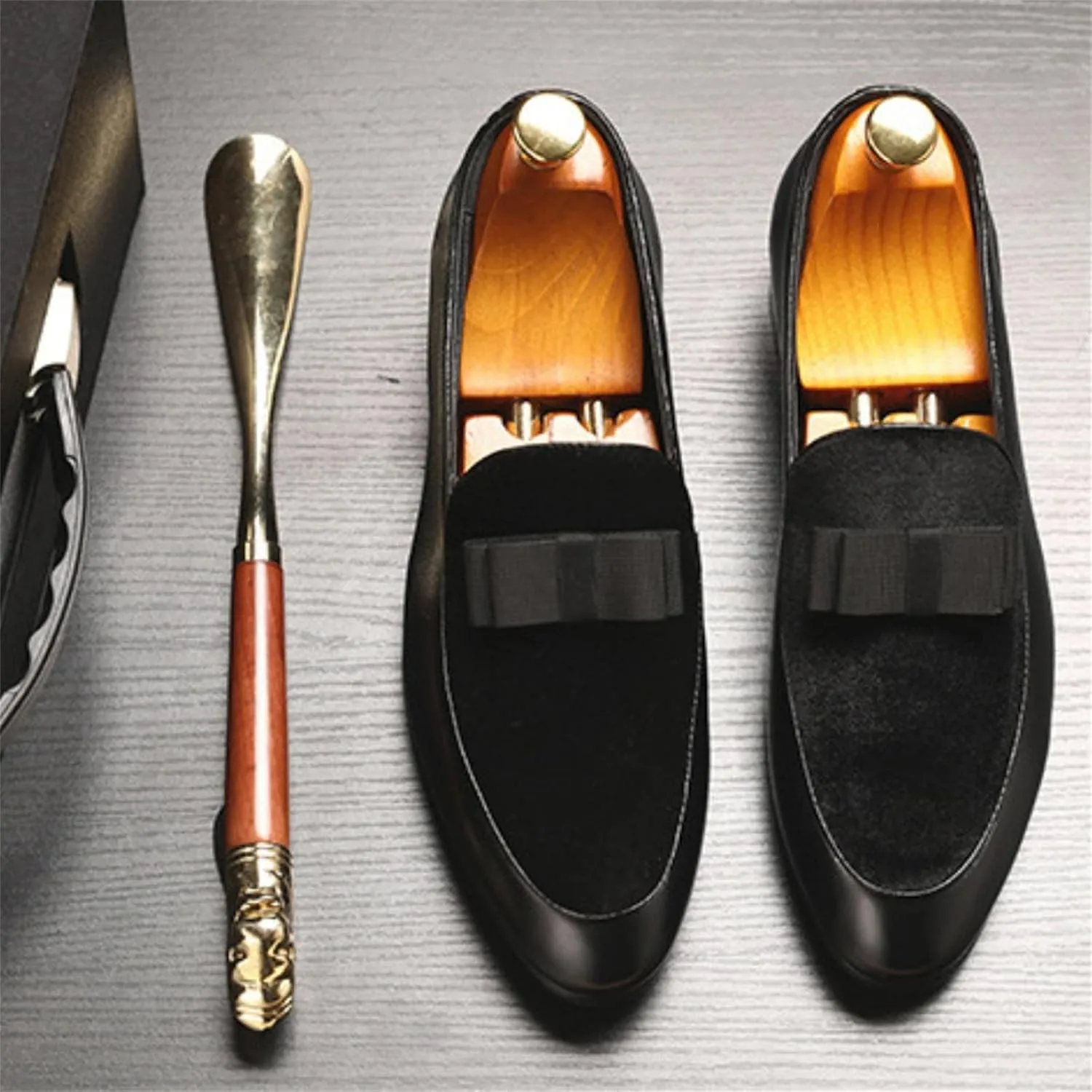 Mens Suede Leather Bowtie Slip On Dress Loafers Retro Two Tone Tuxedo Penny Shoes for Formal Business Dress Wedding