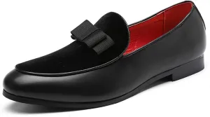 Mens Suede Leather Bowtie Slip On Dress Loafers Retro Two Tone Tuxedo Penny Shoes for Formal Business Dress Wedding