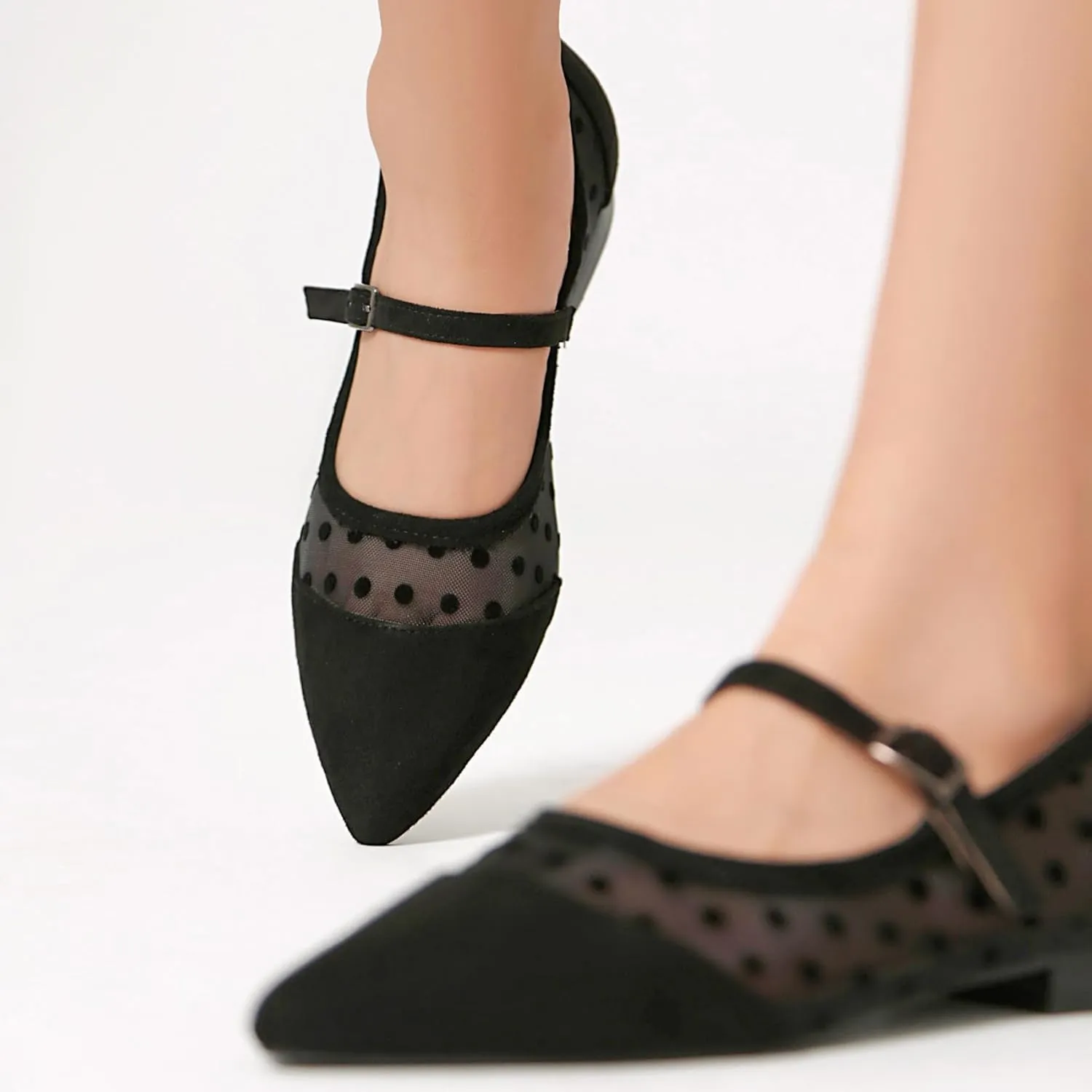 Mesh Ballet Flats for Women Point Toe Splicing Dot Tulle Ballerina Shoes with Adjustable Ankle Strap Comfortable Casual Work Dress Office Womens Flats Shoes