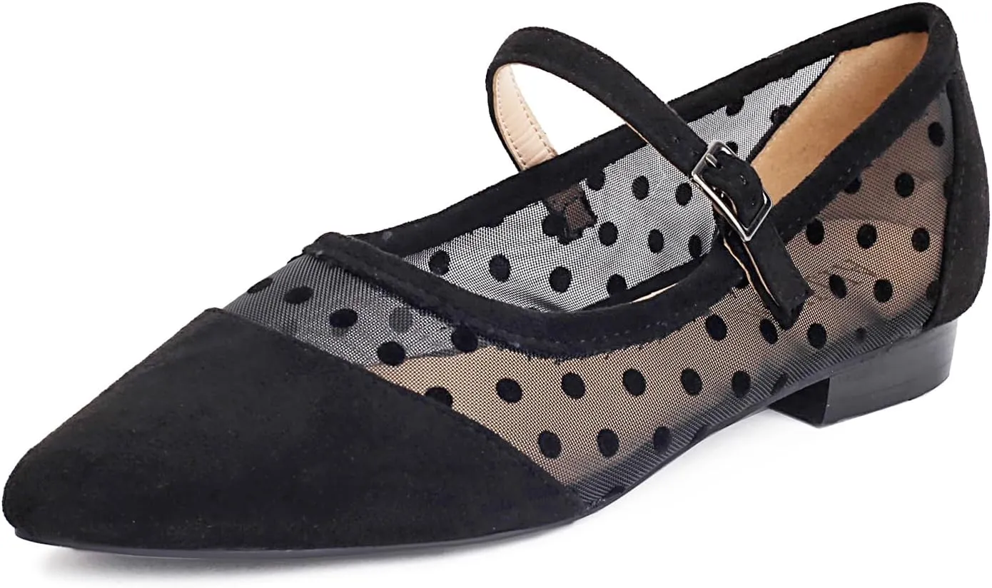 Mesh Ballet Flats for Women Point Toe Splicing Dot Tulle Ballerina Shoes with Adjustable Ankle Strap Comfortable Casual Work Dress Office Womens Flats Shoes