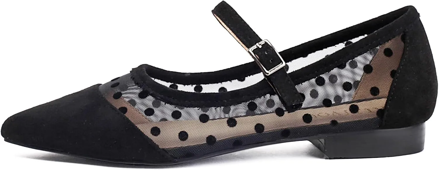 Mesh Ballet Flats for Women Point Toe Splicing Dot Tulle Ballerina Shoes with Adjustable Ankle Strap Comfortable Casual Work Dress Office Womens Flats Shoes