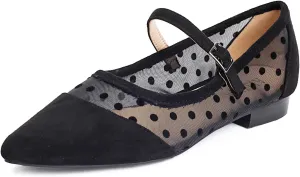 Mesh Ballet Flats for Women Point Toe Splicing Dot Tulle Ballerina Shoes with Adjustable Ankle Strap Comfortable Casual Work Dress Office Womens Flats Shoes