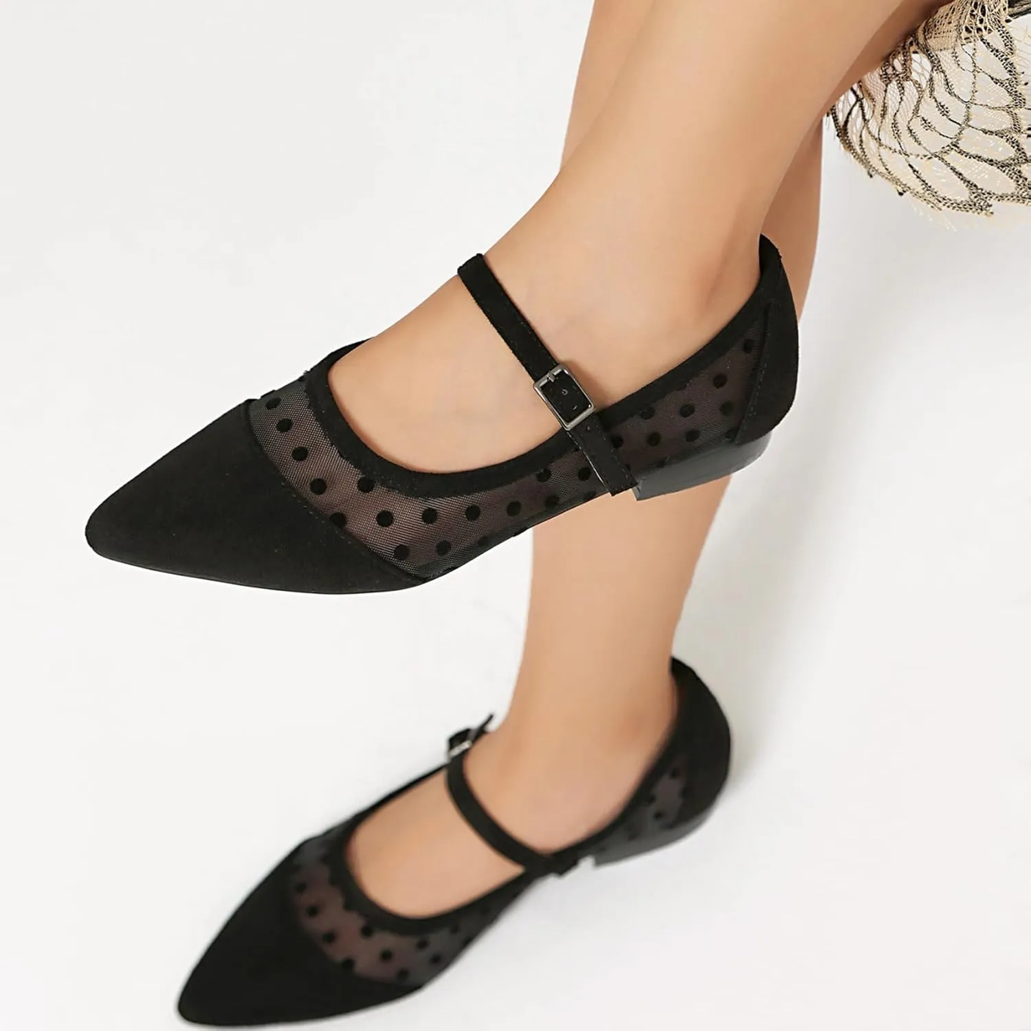 Mesh Ballet Flats for Women Point Toe Splicing Dot Tulle Ballerina Shoes with Adjustable Ankle Strap Comfortable Casual Work Dress Office Womens Flats Shoes