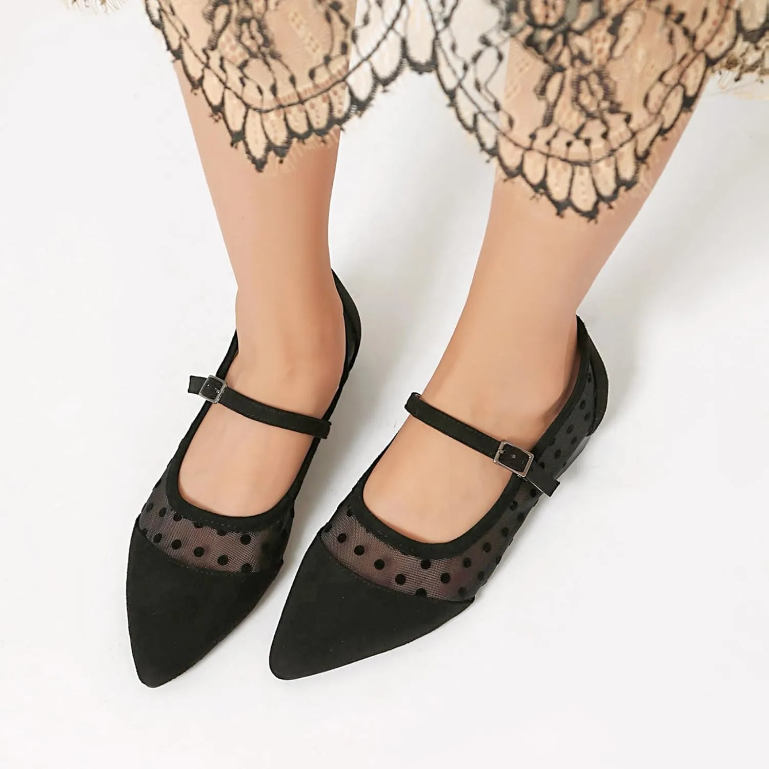 Mesh Ballet Flats for Women Point Toe Splicing Dot Tulle Ballerina Shoes with Adjustable Ankle Strap Comfortable Casual Work Dress Office Womens Flats Shoes