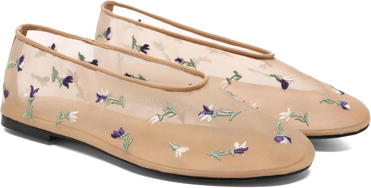 Mesh Ballet Flats for Women Round Toe Slip On Ballerina Mary Jane Shoes Tulle Comfortable Casual Dress Shoes