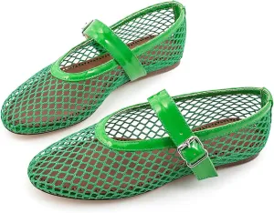 Mesh Ballet Flats for Womens Fishnet Mary Janes Flats Buckle Strap Comfy Casual Office Ballerina Flat Shoes