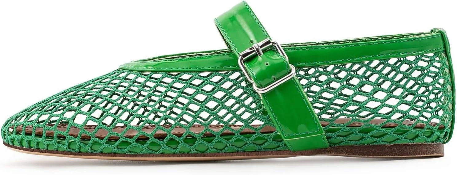 Mesh Ballet Flats for Womens Fishnet Mary Janes Flats Buckle Strap Comfy Casual Office Ballerina Flat Shoes