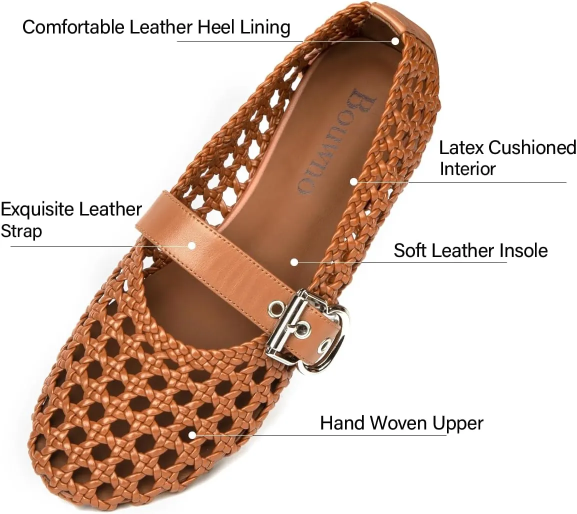 Mesh Flats for Women Hand Woven Leather Insole Round Toe Mary Jane Shoes Women Comfortable Ballet Flats Shoes with Metal Buckle Strap