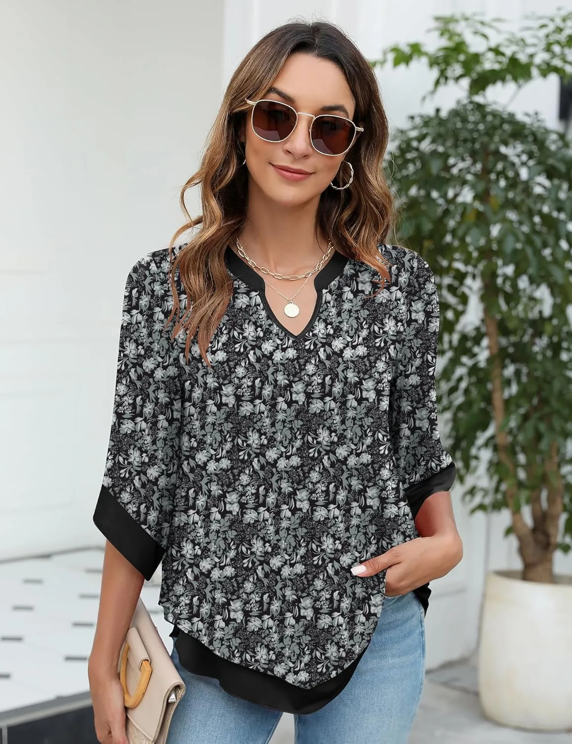 Micoson Womens 3/4 Sleeve Chiffon Blouses V Neck Double Layers Mesh Shirts Dressy Flowy Tunic Tops