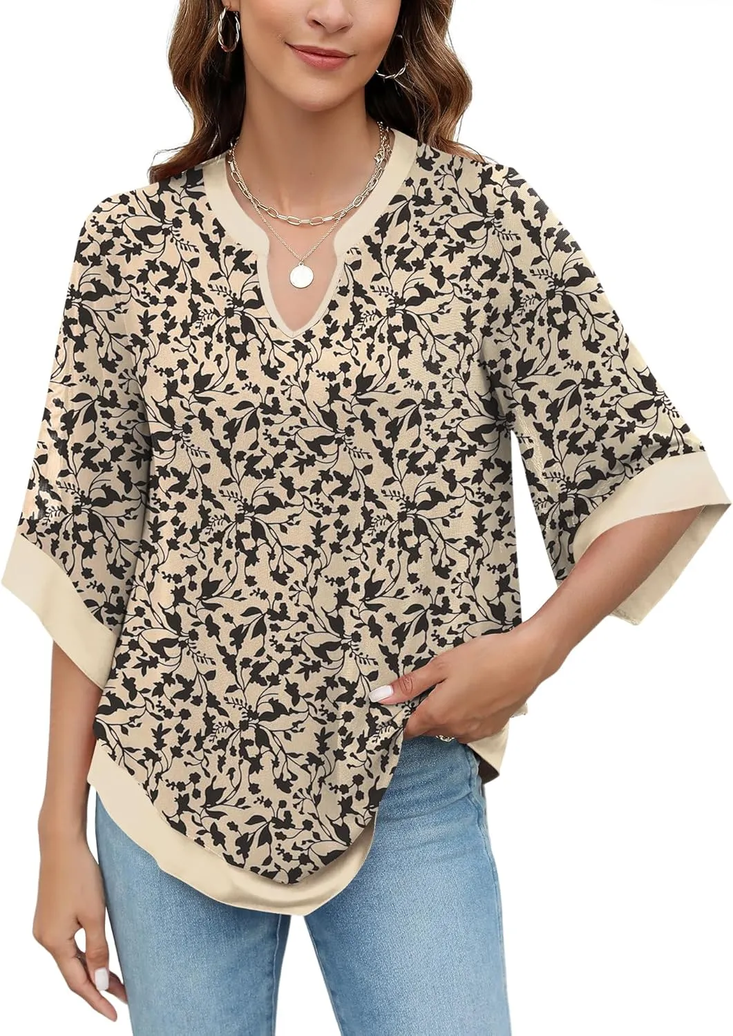 Micoson Womens 3/4 Sleeve Chiffon Blouses V Neck Double Layers Mesh Shirts Dressy Flowy Tunic Tops