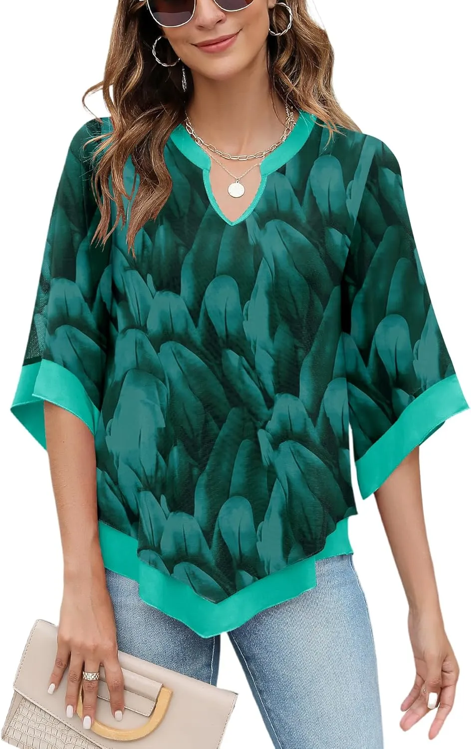 Micoson Womens 3/4 Sleeve Chiffon Blouses V Neck Double Layers Mesh Shirts Dressy Flowy Tunic Tops