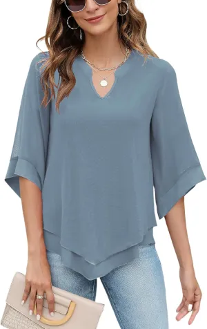 Micoson Womens 3/4 Sleeve Chiffon Blouses V Neck Double Layers Mesh Shirts Dressy Flowy Tunic Tops