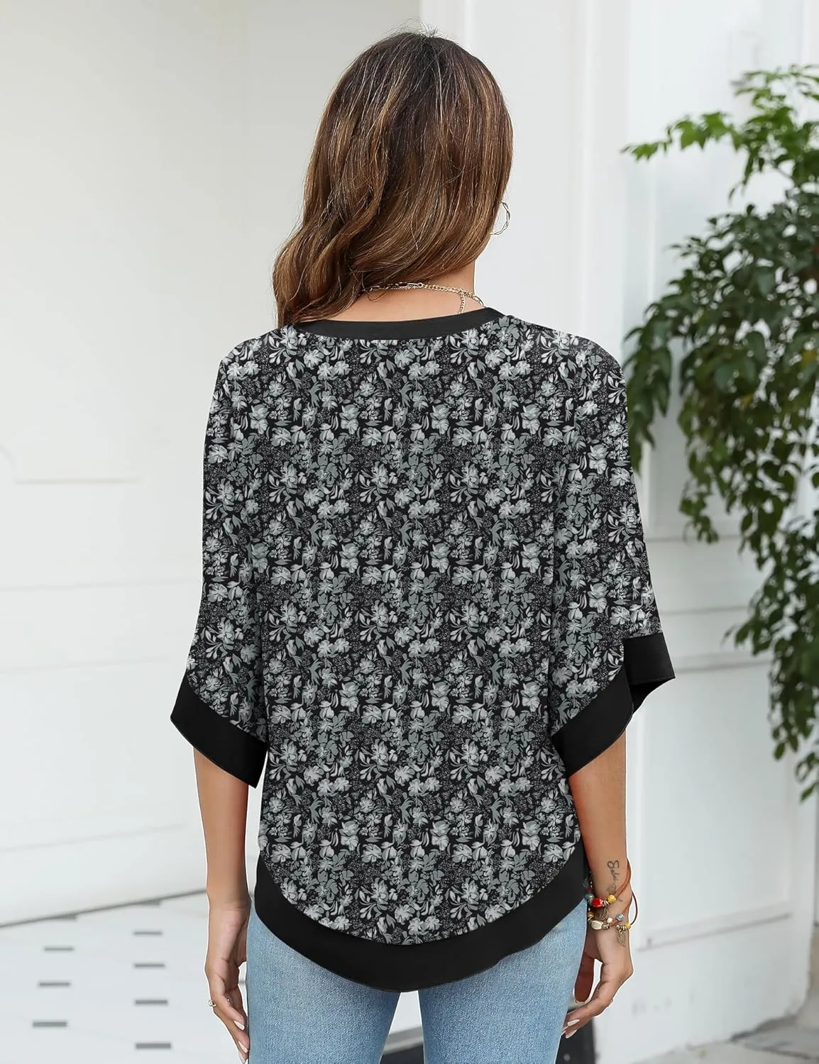 Micoson Womens 3/4 Sleeve Chiffon Blouses V Neck Double Layers Mesh Shirts Dressy Flowy Tunic Tops