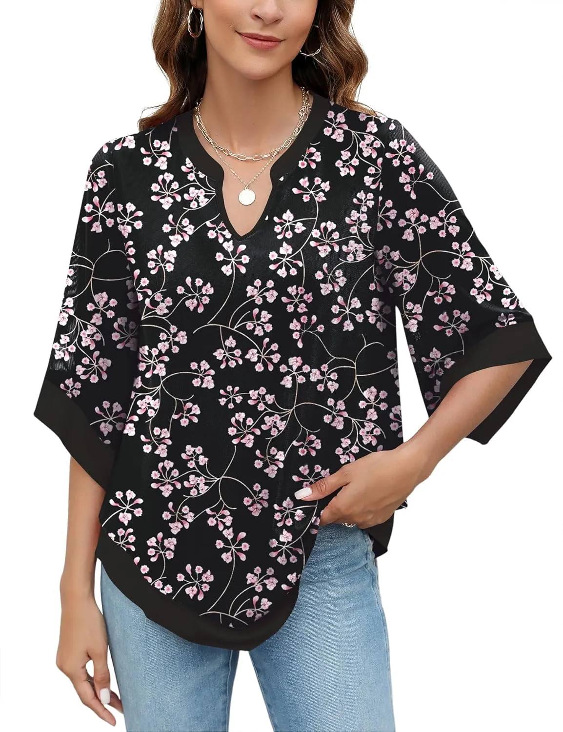 Micoson Womens 3/4 Sleeve Chiffon Blouses V Neck Double Layers Mesh Shirts Dressy Flowy Tunic Tops