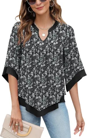 Micoson Womens 3/4 Sleeve Chiffon Blouses V Neck Double Layers Mesh Shirts Dressy Flowy Tunic Tops