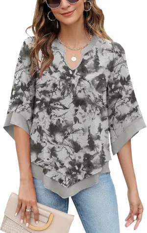 Micoson Womens 3/4 Sleeve Chiffon Blouses V Neck Double Layers Mesh Shirts Dressy Flowy Tunic Tops