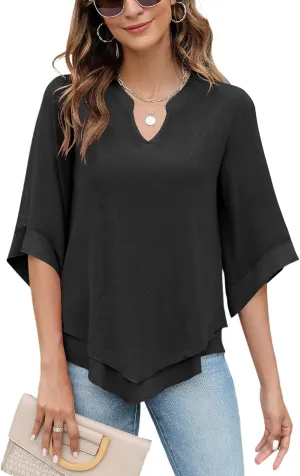 Micoson Womens 3/4 Sleeve Chiffon Blouses V Neck Double Layers Mesh Shirts Dressy Flowy Tunic Tops