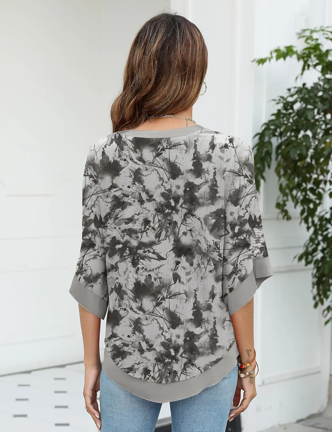 Micoson Womens 3/4 Sleeve Chiffon Blouses V Neck Double Layers Mesh Shirts Dressy Flowy Tunic Tops
