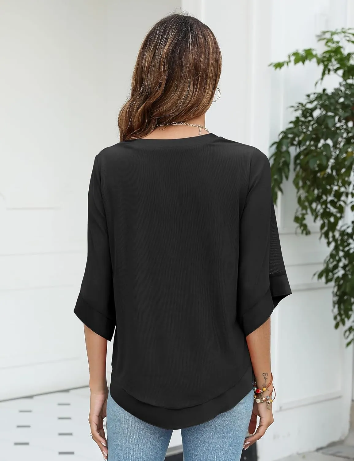Micoson Womens 3/4 Sleeve Chiffon Blouses V Neck Double Layers Mesh Shirts Dressy Flowy Tunic Tops
