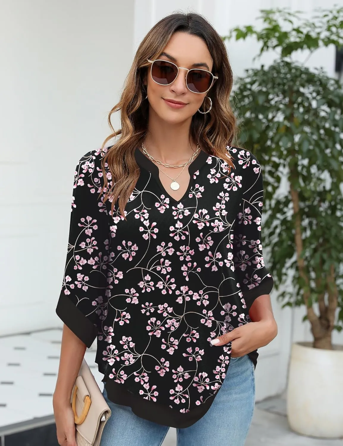 Micoson Womens 3/4 Sleeve Chiffon Blouses V Neck Double Layers Mesh Shirts Dressy Flowy Tunic Tops