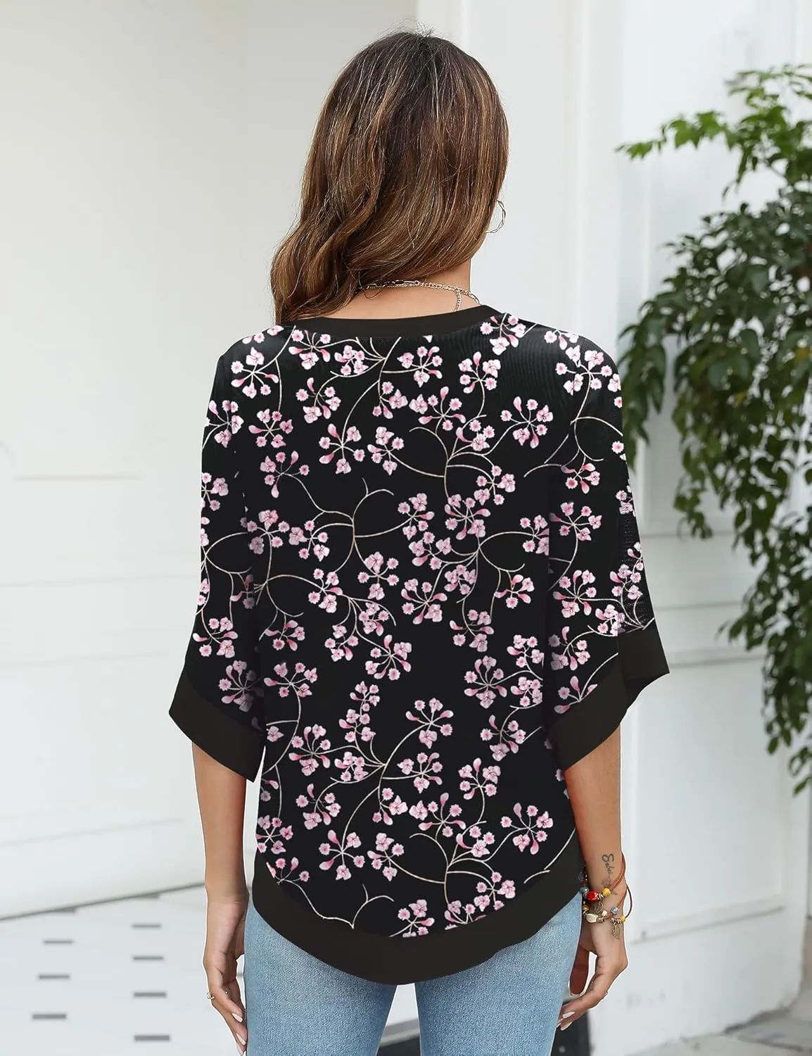 Micoson Womens 3/4 Sleeve Chiffon Blouses V Neck Double Layers Mesh Shirts Dressy Flowy Tunic Tops