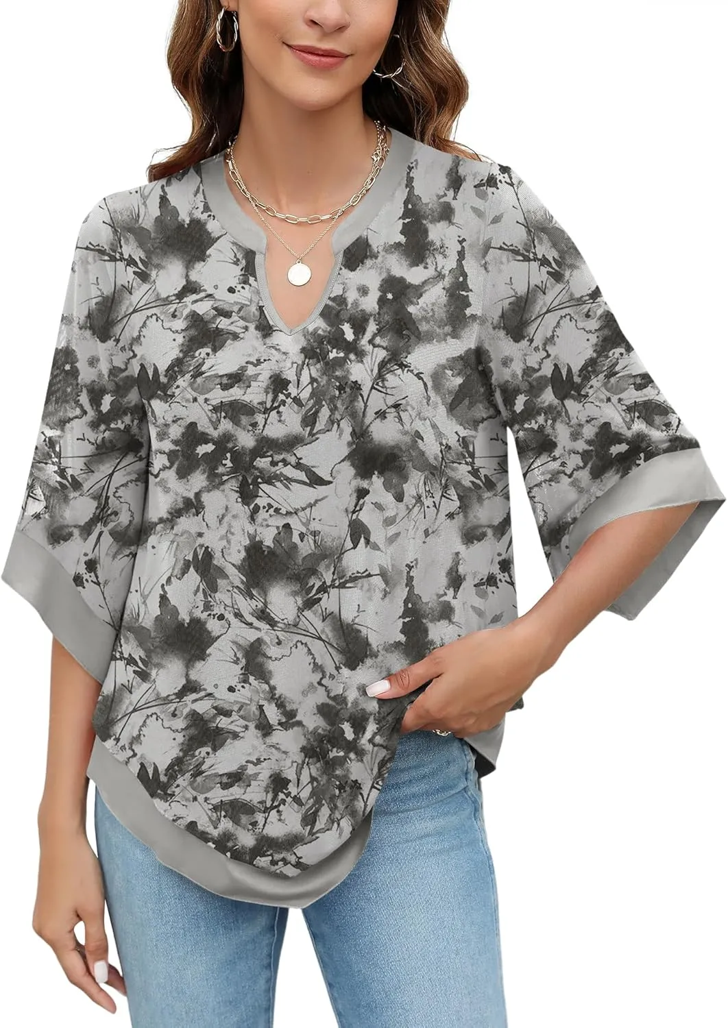 Micoson Womens 3/4 Sleeve Chiffon Blouses V Neck Double Layers Mesh Shirts Dressy Flowy Tunic Tops