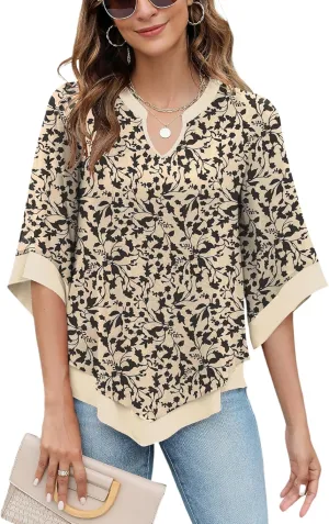 Micoson Womens 3/4 Sleeve Chiffon Blouses V Neck Double Layers Mesh Shirts Dressy Flowy Tunic Tops