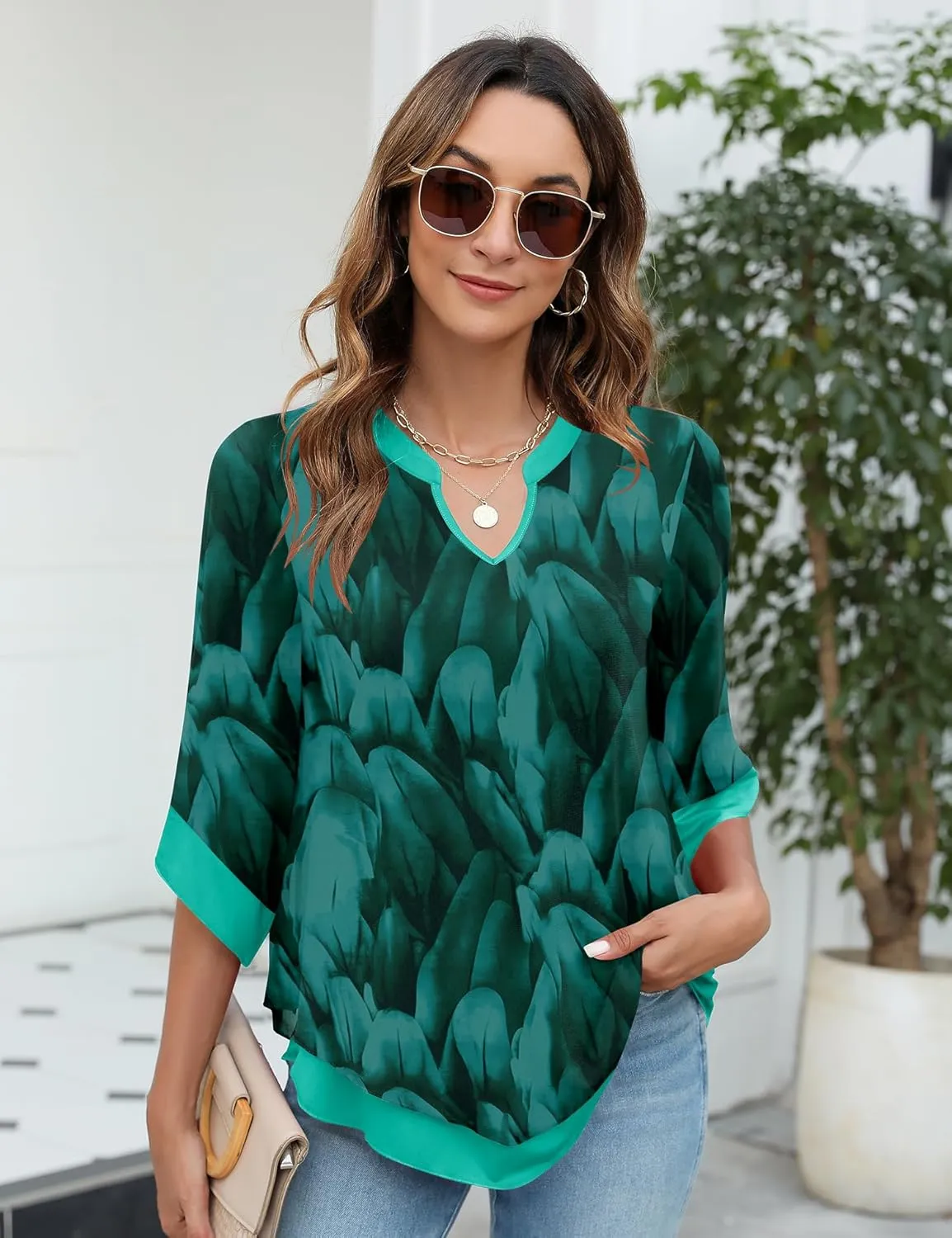 Micoson Womens 3/4 Sleeve Chiffon Blouses V Neck Double Layers Mesh Shirts Dressy Flowy Tunic Tops