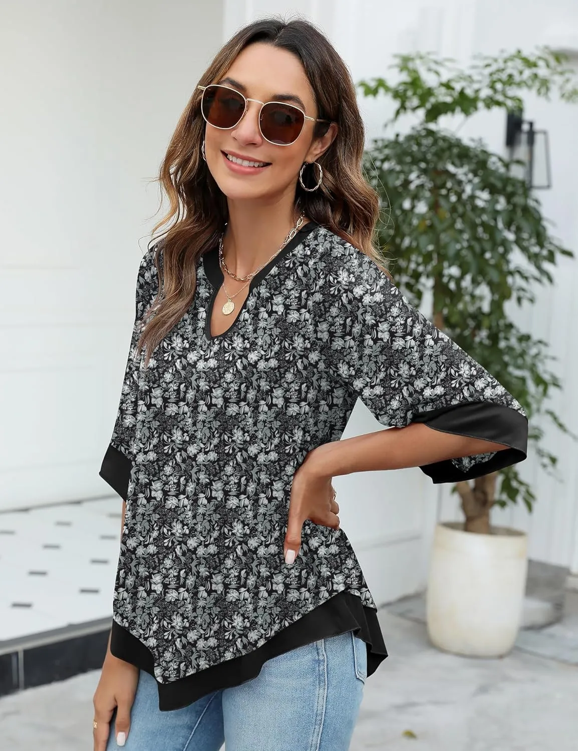 Micoson Womens 3/4 Sleeve Chiffon Blouses V Neck Double Layers Mesh Shirts Dressy Flowy Tunic Tops